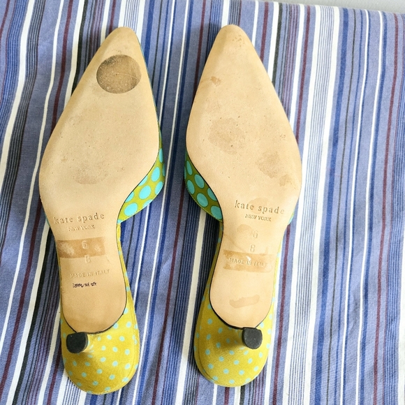 Kate Spade ◇ Green/ Turquoise polka dot kitten heel mules Sz 6 Made Italy - Picture 6 of 10
